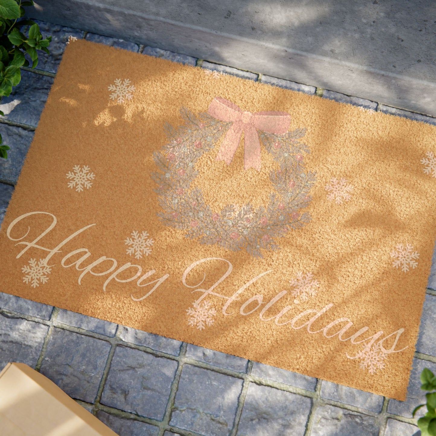 Happy Holidays Doormat — Festive Wreath & Snowflakes Welcome Mat