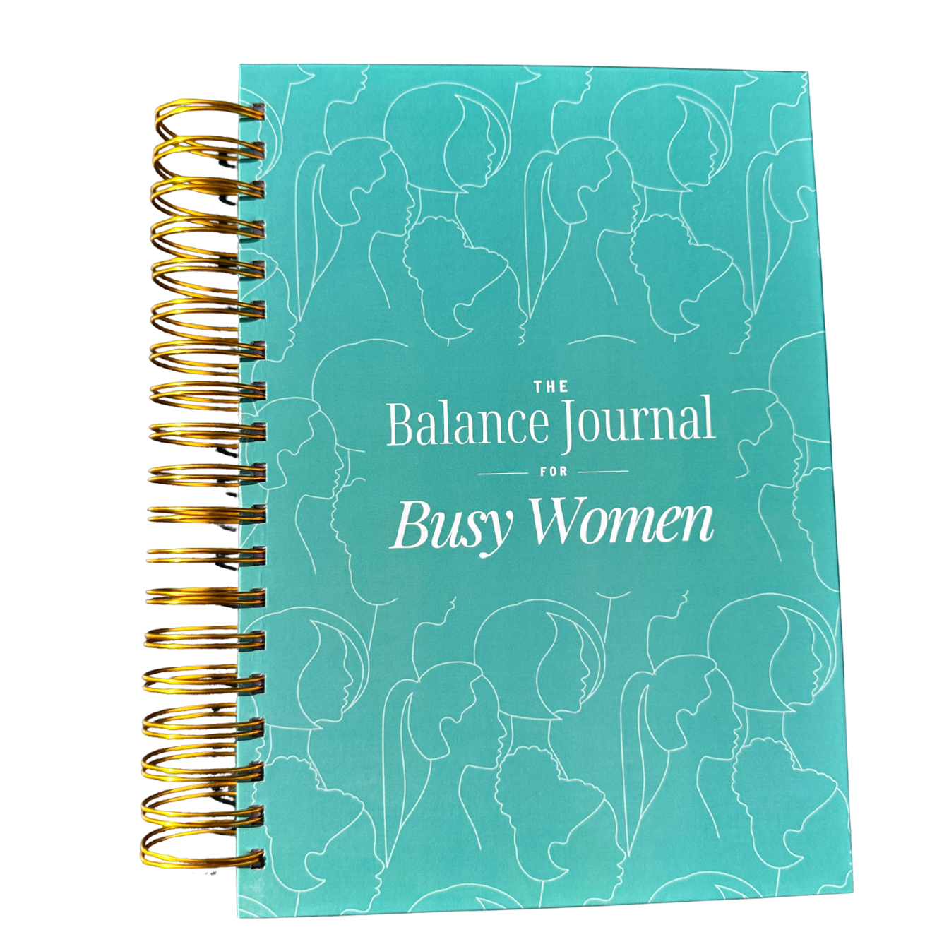 Teal journal titled 'The Balance Journal for Busy Women' with gold spiral binding on a white background