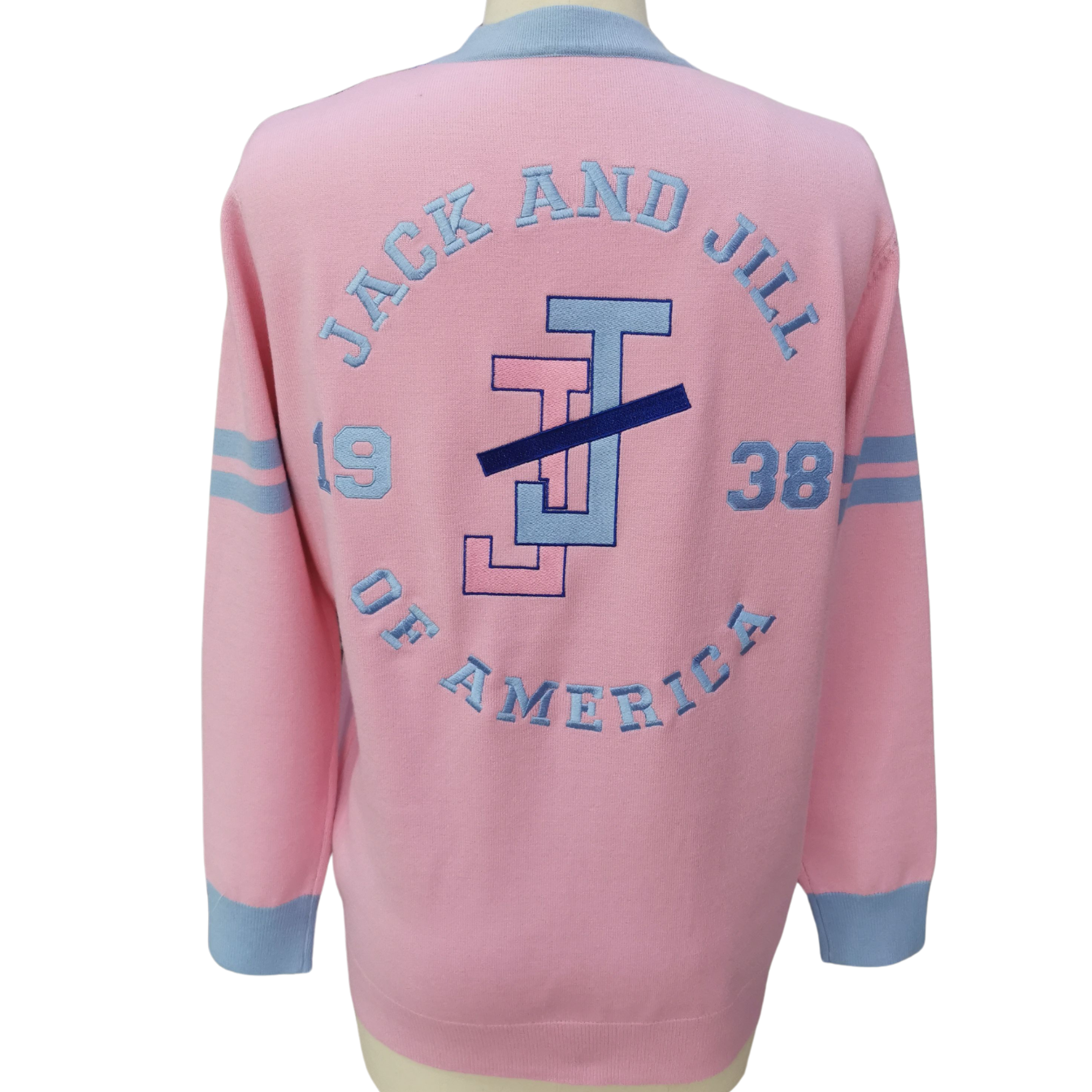 Jack and Jill of America Cardigan – Pink with Blue Lining (Core-Spun Yarn)