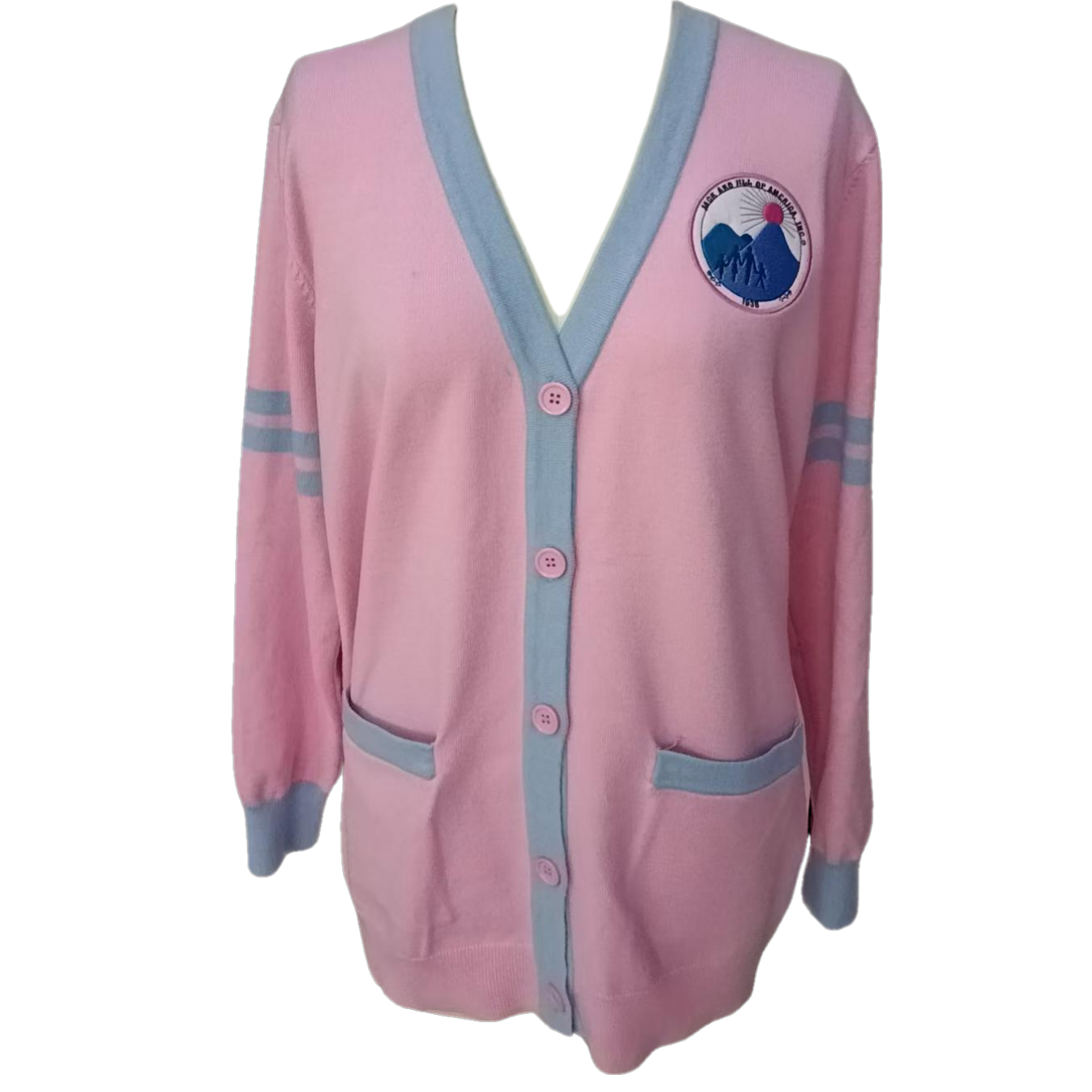 Jack and Jill of America Cardigan – Pink with Blue Lining (Core-Spun Yarn)