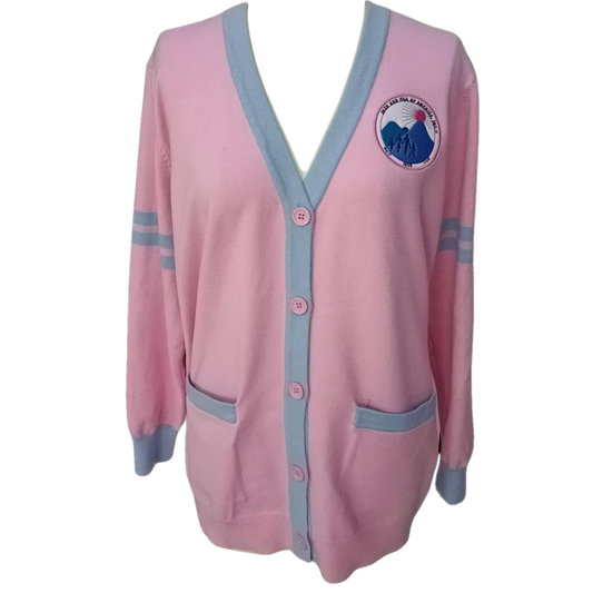 Jack and Jill of America Cardigan – Pink with Blue Lining (Core-Spun Yarn)