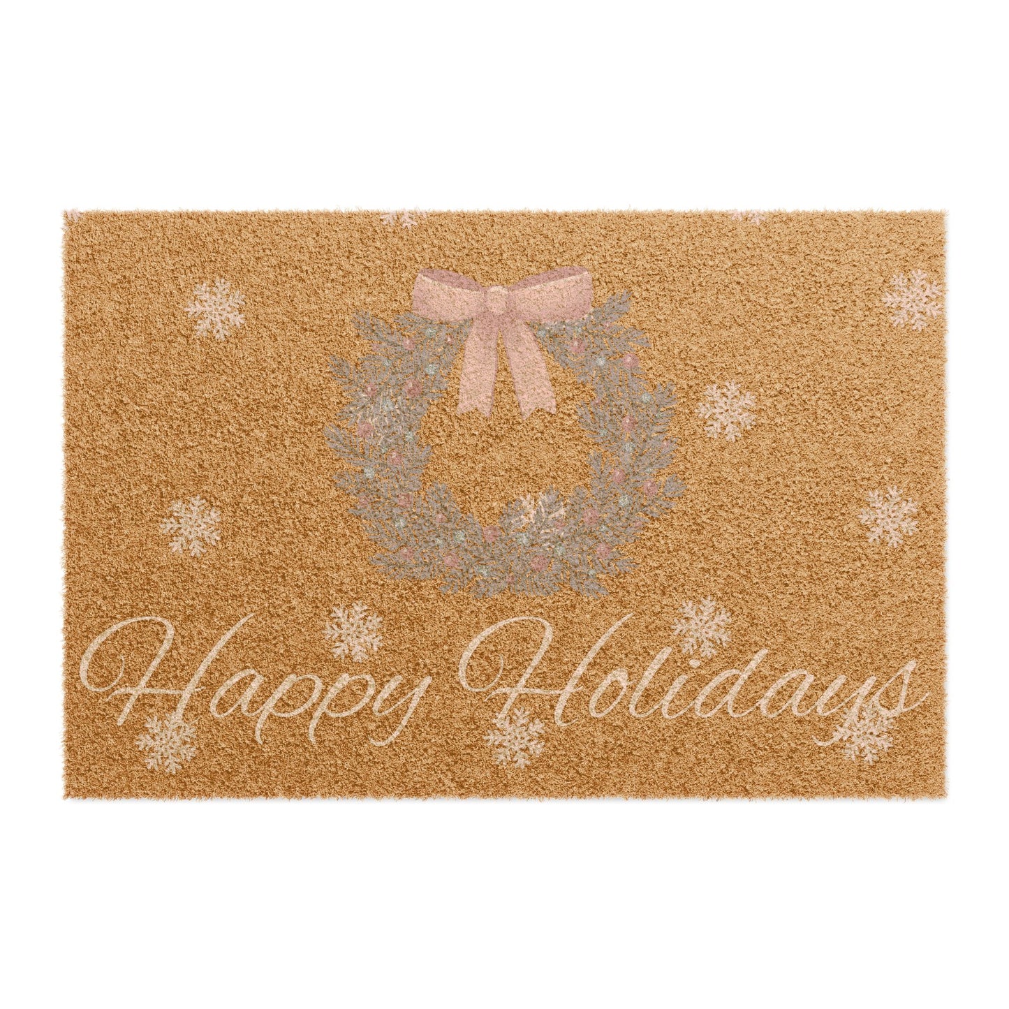 Happy Holidays Doormat — Festive Wreath & Snowflakes Welcome Mat
