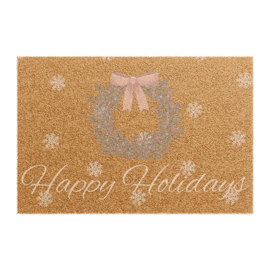 Happy Holidays Doormat — Festive Wreath & Snowflakes Welcome Mat