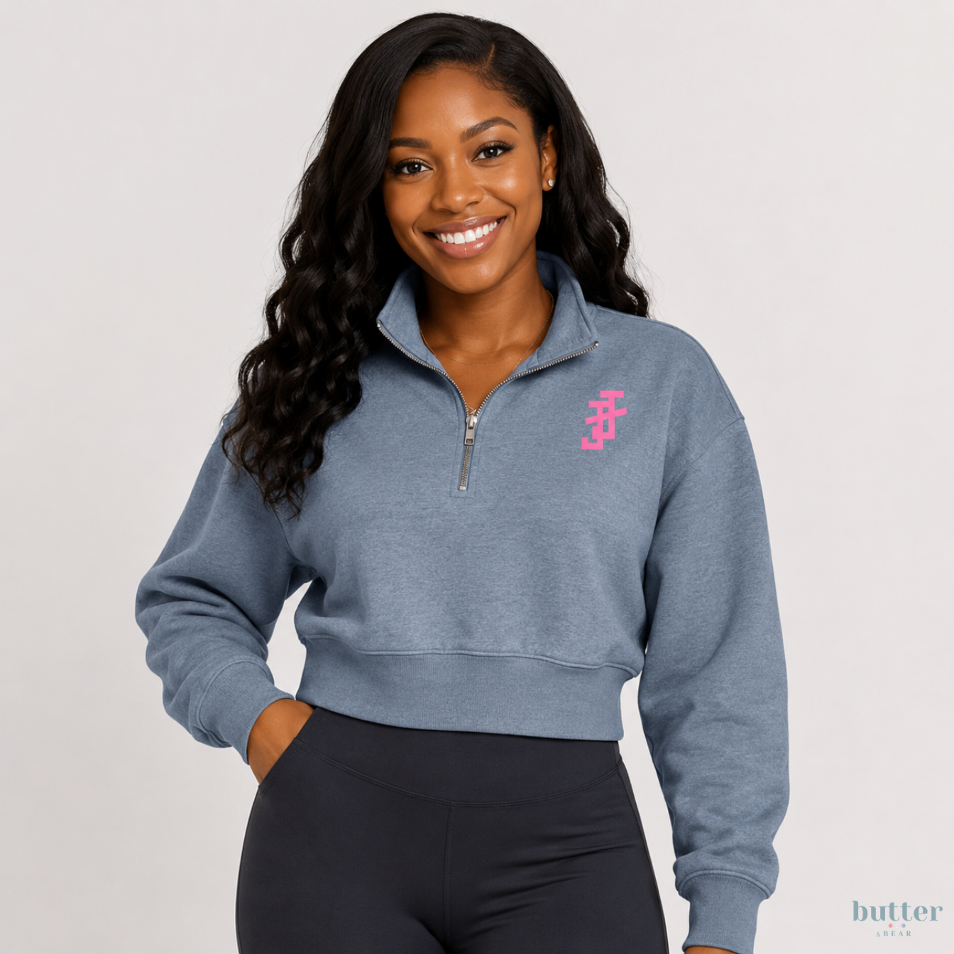 Brooke 1/2-Zip Modest Crop - Embroidered Pink JJ