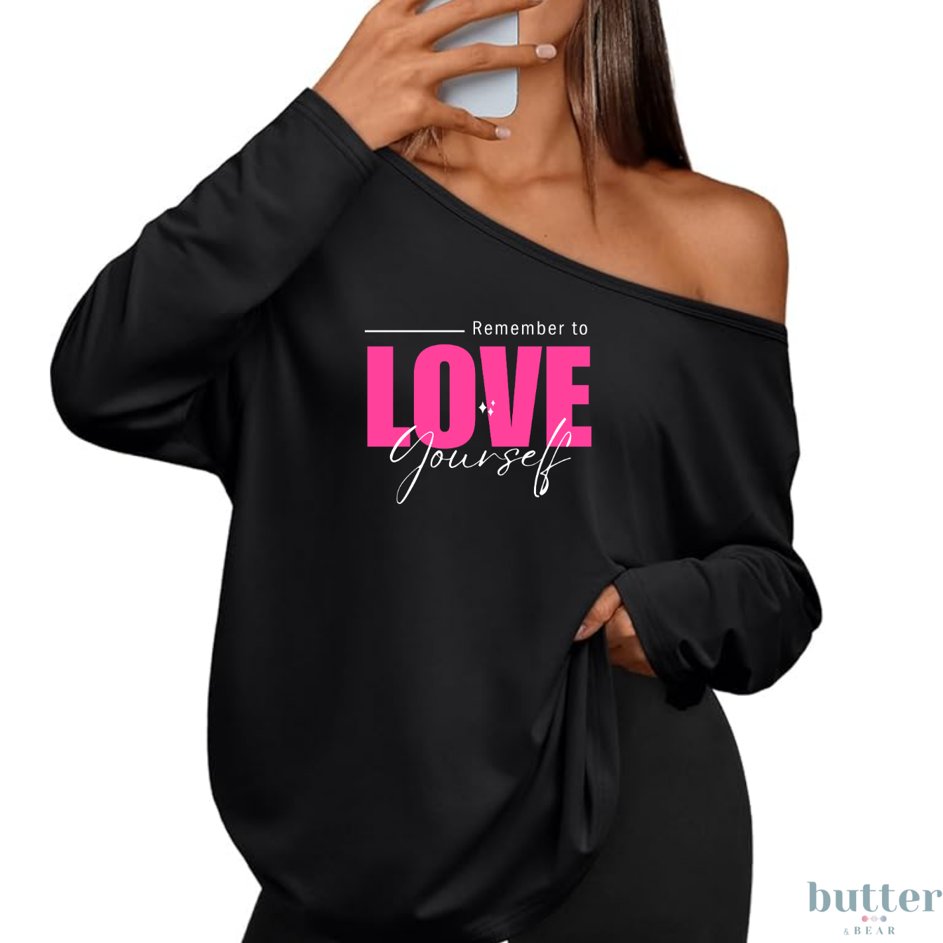 Remember to LOVE Yourself Off-the-Shoulder Long Sleeve Top